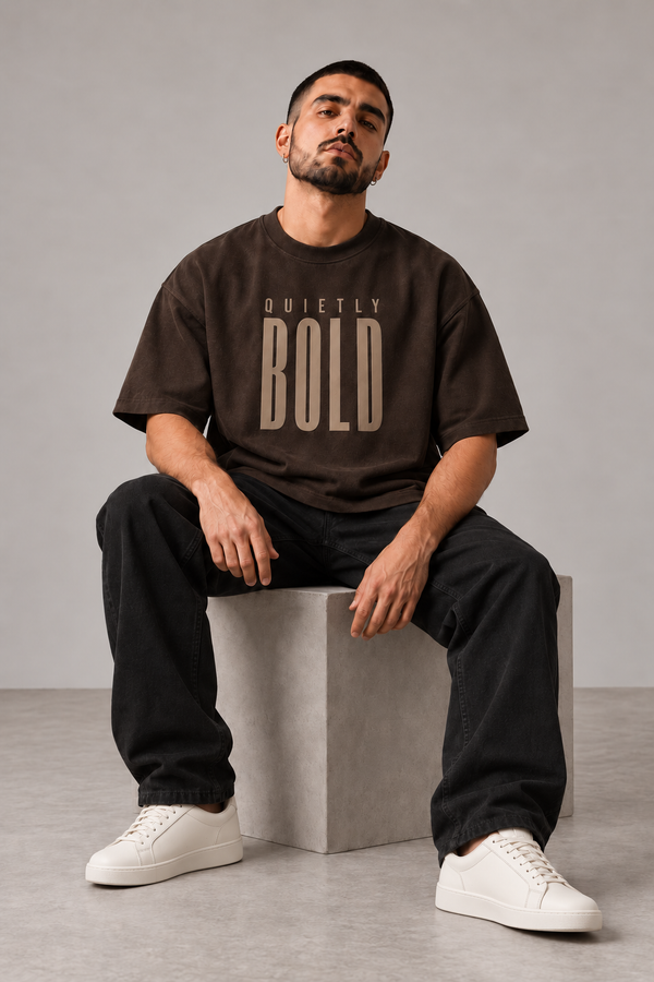 Quietly Bold Espresso Premium Oversized T-Shirt — styled fit