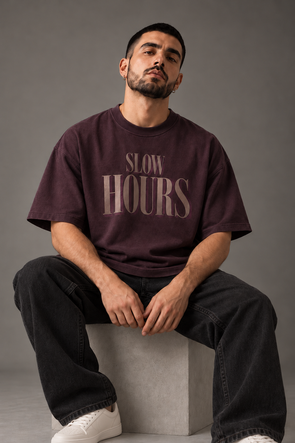 Slow Hours Deep Plum Premium Oversized T-Shirt — styled fit