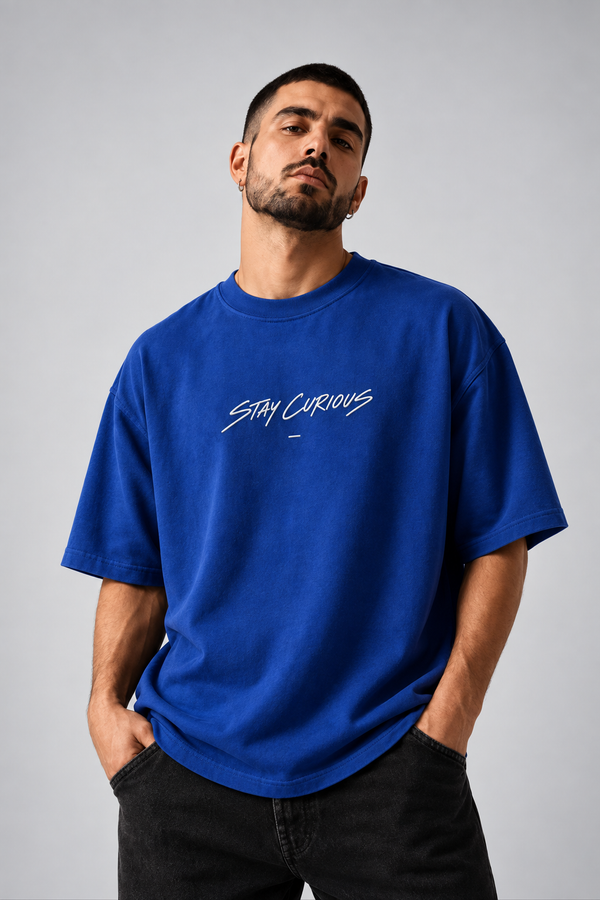 Stay Curious Cobalt Blue Premium Oversized T-Shirt — front