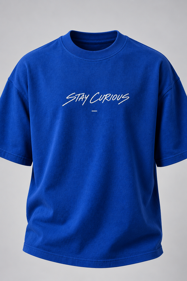 Stay Curious Cobalt Blue Premium Oversized T-Shirt — detail