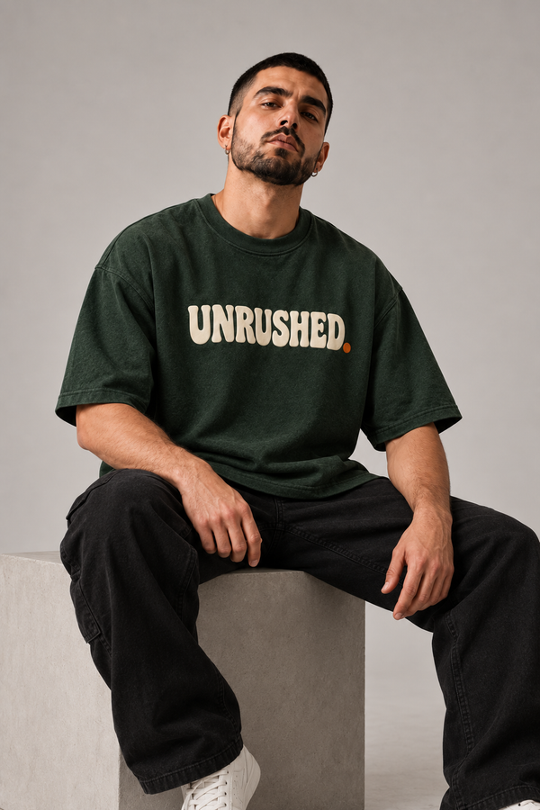 Unrushed Forest Green Premium Oversized T-Shirt — styled fit