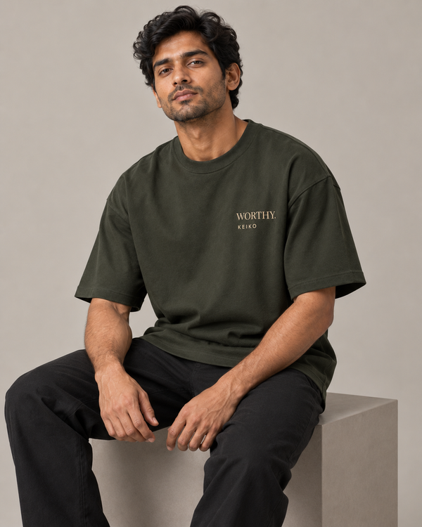 Worthy Dark Olive Premium Oversized T-Shirt — styled fit